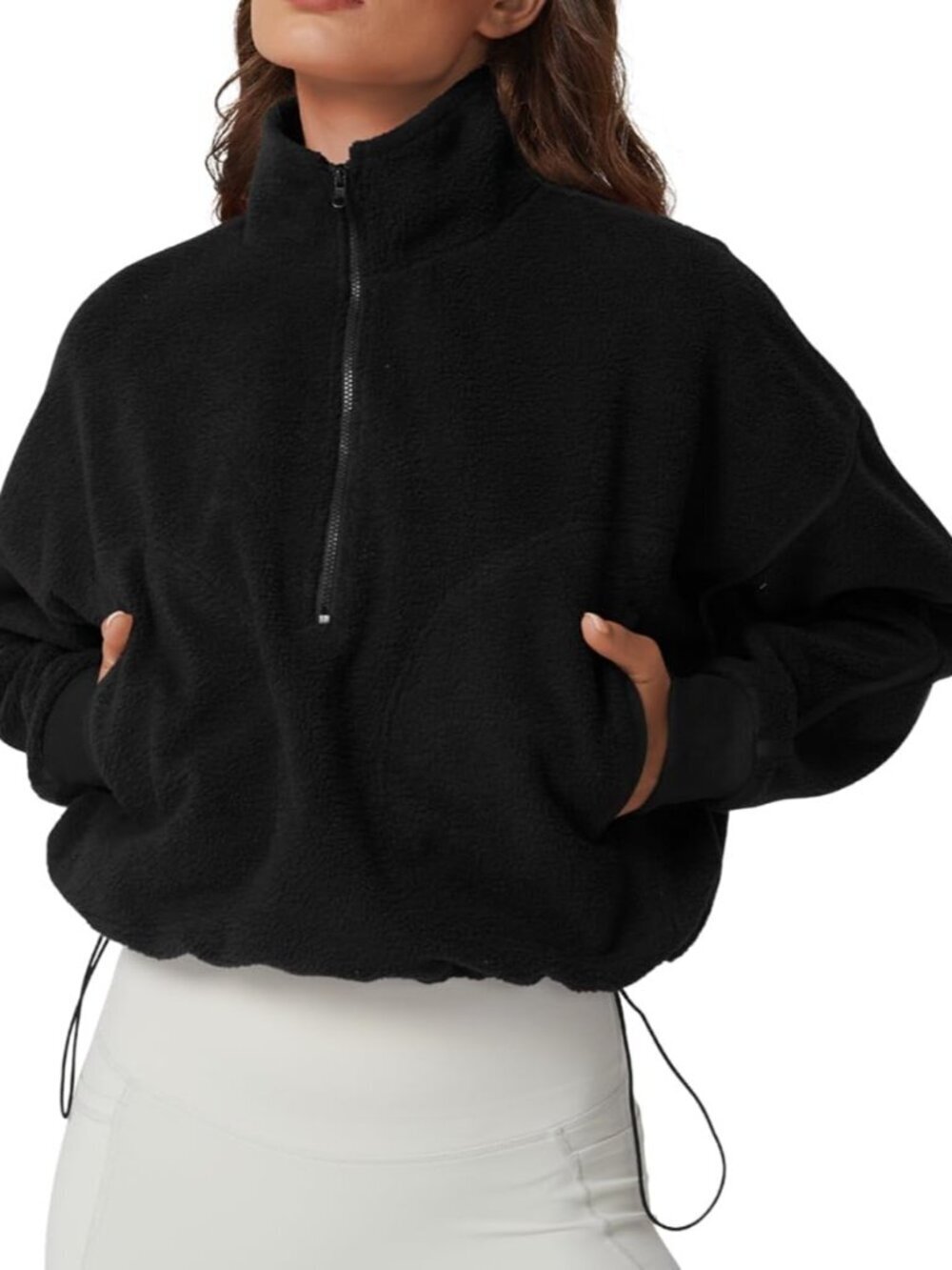 Women's Black Half Zip Fleece Short Pullover Winter Long Sleeve Sweatshirt
